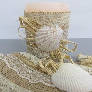 Beach Wedding/Party/Decor Rustic Candle Wraps Burlap Lace Raffia Shell Set of 5